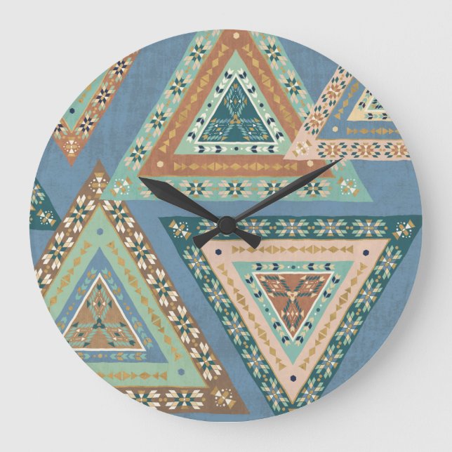Outdoor Geo X | Blue Tribal Indian Pattern Large Clock (Front)