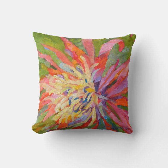 Outdoor Indoor Tropical Flower Orange Green Cushion (Front)