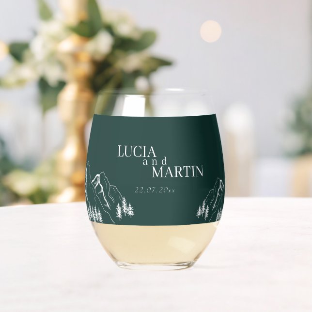 Outdoor Mountains Pine Tree Emerald Green Stemless Wine Glass (Insitu (Wedding))
