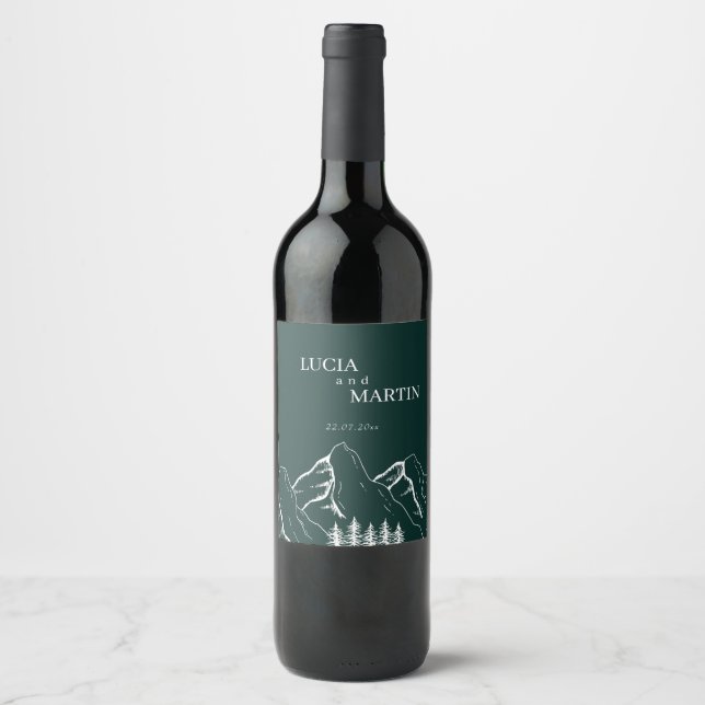 Outdoor Mountains Pine Tree Emerald Green Wine Label (Front)