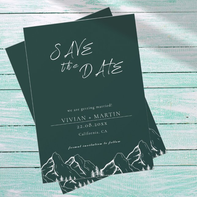 Outdoor Mountains Pine Tree Emerald Save The Date Invitation (Creator Uploaded)