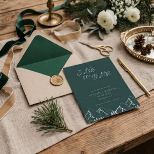 Outdoor Mountains Pine Tree Emerald Save The Date Invitation