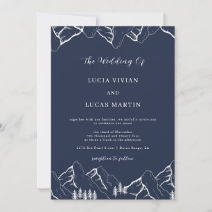 Outdoor Mountains Pine Tree Navy Blue Wedding Invitation