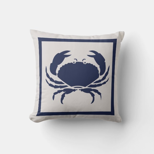Outdoor Nautical CRAB Navy Blue on grey Cushion (Front)