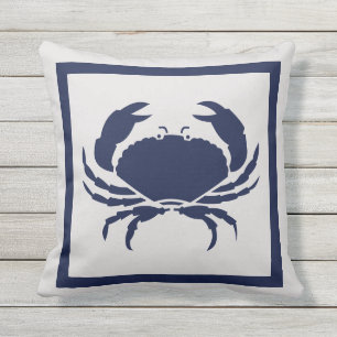 Outdoor Nautical CRAB Navy Blue on grey Cushion