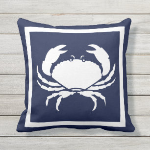 Outdoor Nautical CRAB white on  navy pillow