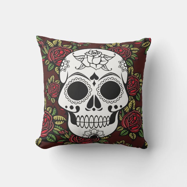 Outdoor patio cushion Retro skull roses red pillow (Front)