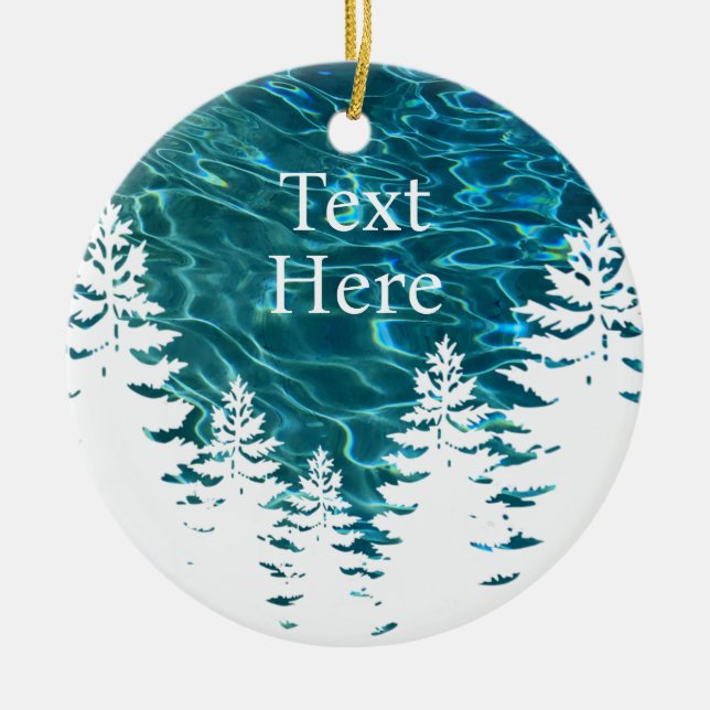 Outdoor pinetrees water customisable text ceramic ornament (Front)