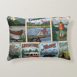Outdoor recreation vintage posters set with canoe  decorative cushion