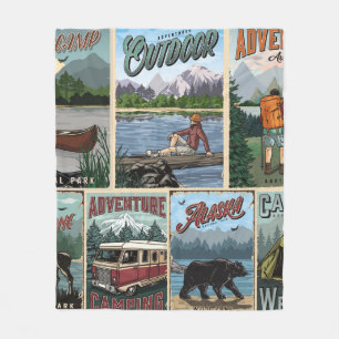 Outdoor recreation vintage posters set with canoe  fleece blanket