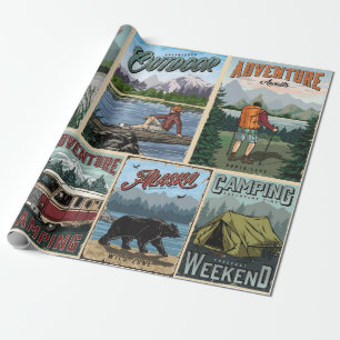 Outdoor recreation vintage posters set with canoe wrapping paper