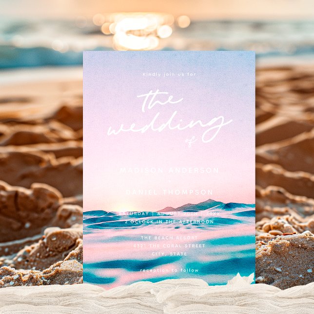 Outdoor Summer Sunset Blue Ocean Coastal Wedding Invitation (Creator Uploaded)