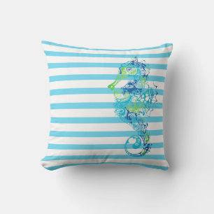 Outdoor Throw Pillow-Stripes & Seahorse Cushion