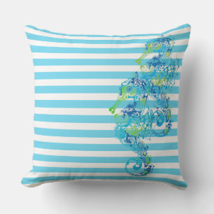 Outdoor Throw Pillow-Stripes & Seahorse Cushion