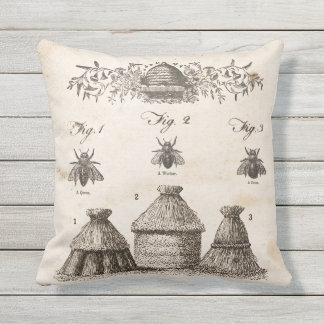 Outdoor vintage botanical bees & hives pillow. outdoor cushion
