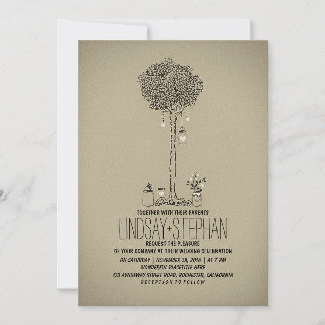 outdoor wedding invite with mason jars and tree (Front)