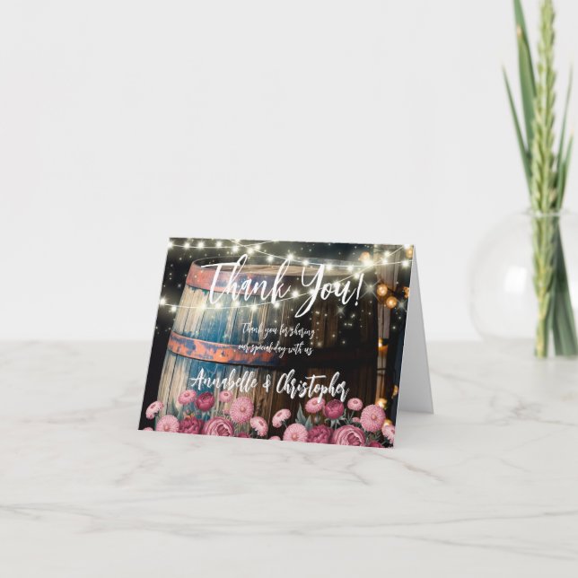 Outdoor Whiskey Barrel Bridal Shower Welcome Thank You Card (Front)