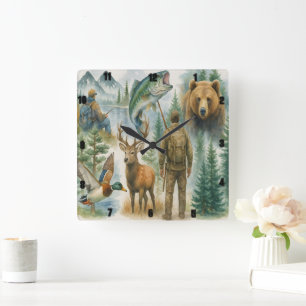 Outdoor Wildlife Hunter And Fisherman  Square Wall Clock