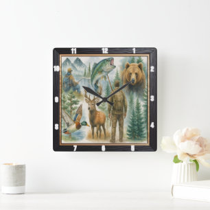 Outdoor Wildlife Hunter Fisherman  Square Wall Clock