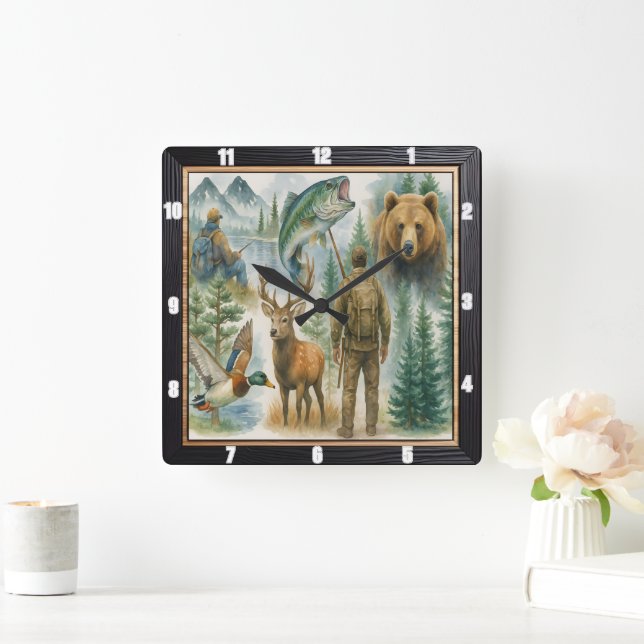 Outdoor Wildlife Hunter Fisherman  Square Wall Clock (Home)