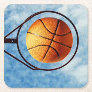Outdoors Basketball Above Basketball Ring, Square Paper Coaster