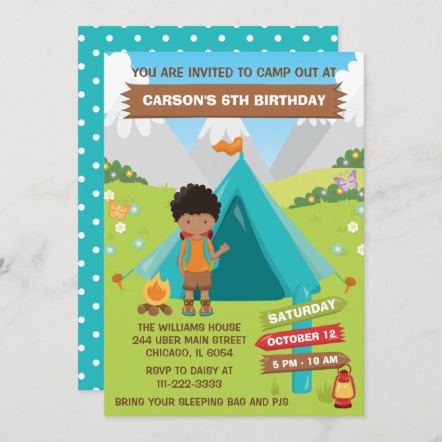 Outdoors Camping Birthday African American Boy Inv Invitation (Front/Back)