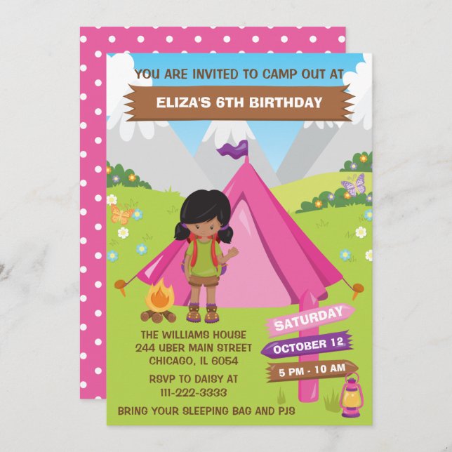 Outdoors Camping Birthday African American Girl In Invitation (Front/Back)