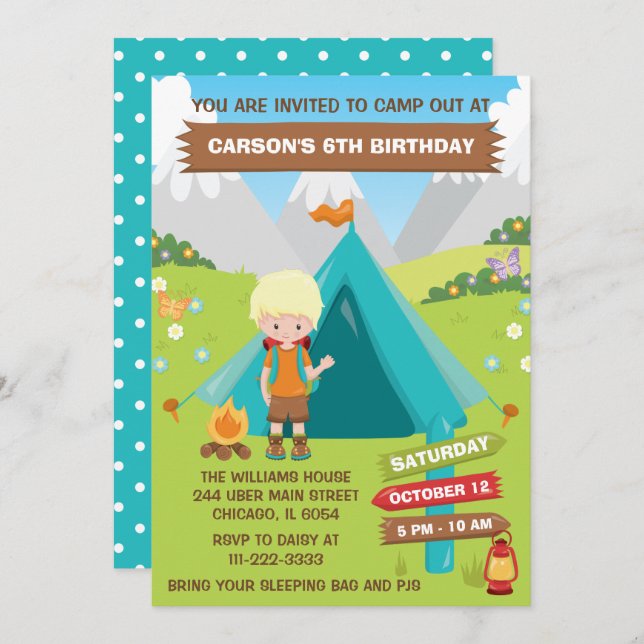 Outdoors Camping Birthday Party Blonde Hair Boy In Invitation (Front/Back)