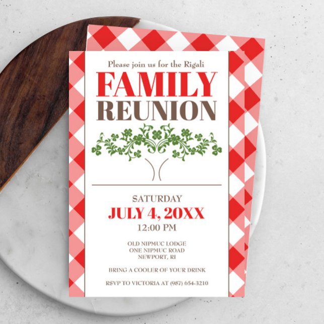 Outdoors Picnic Family Reunion Invitations (Family reunion invitations features red gingham print with family tree. )