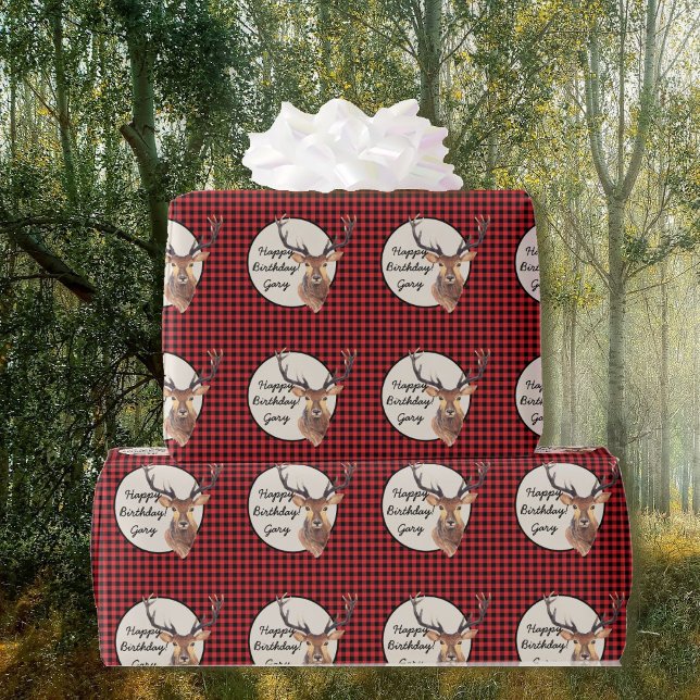 Outdoorsman Buck Deer Buffalo Plaid Name Birthday Wrapping Paper (Creator Uploaded)