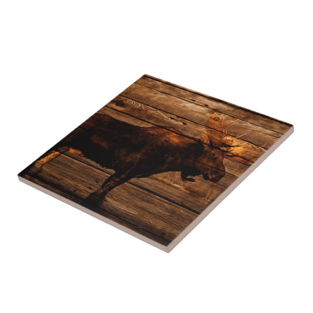 outdoorsman distressed wood wildlife bull moose ceramic tile (Side)