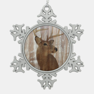 Outdoorsman Western Primitive barn wood deer Snowflake Pewter Christmas Ornament