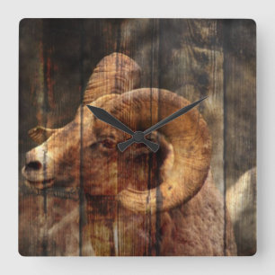 outdoorsmen Primitive woodgrain mountain ram Square Wall Clock