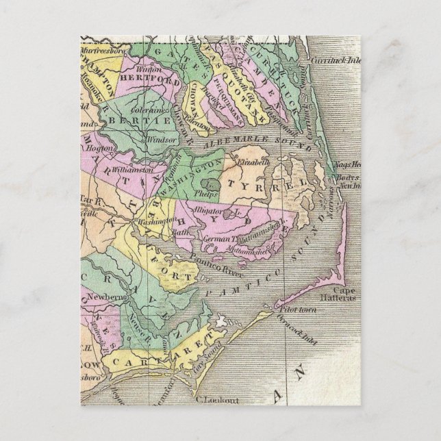 Outer Banks and Eastern North Carolina Map (1827) Postcard (Front)