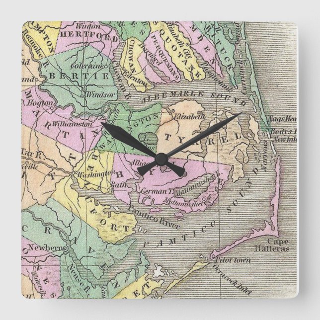 Outer Banks and Eastern North Carolina Map (1827) Square Wall Clock (Front)