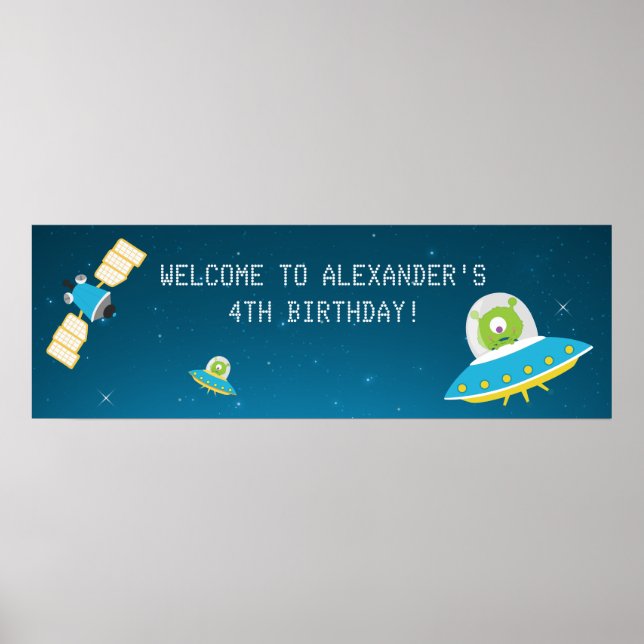 Outer Space Alien Boy Birthday Party Banner Poster (Front)