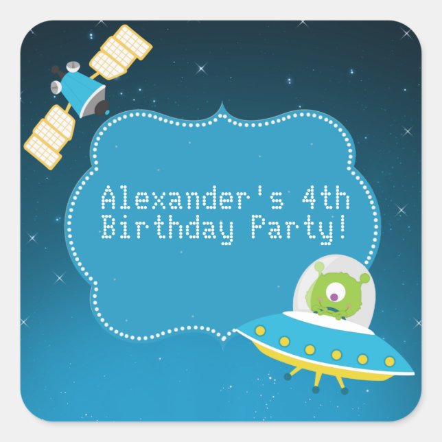 Outer Space Alien Boy Birthday Party Sticker (Front)