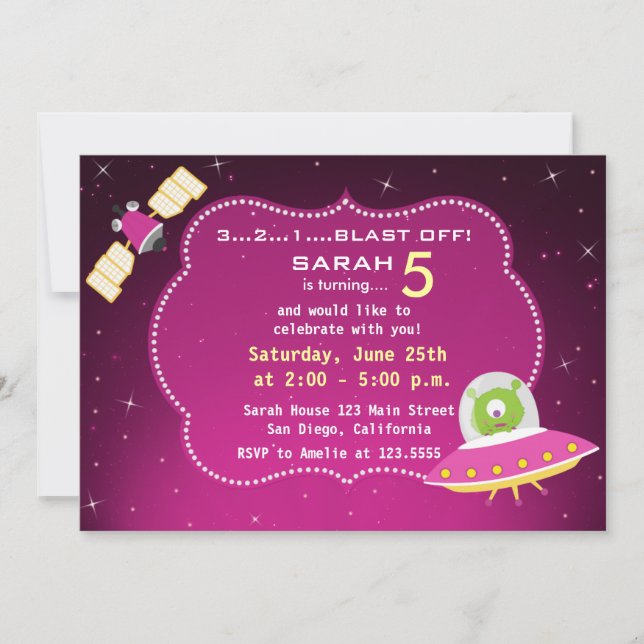 Outer Space Alien Girl Birthday Party Invitation (Front)