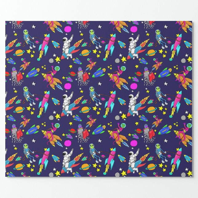 outer space alien rocket rodeo wrapping paper (Flat)