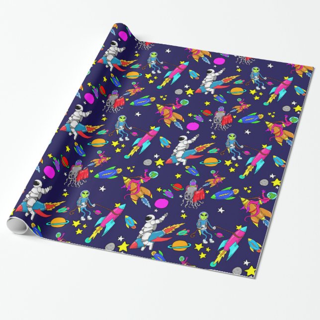 outer space alien rocket rodeo wrapping paper (Unrolled)