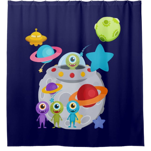 Outer Space Aliens UFOs Planets Shower Curtain (Front)