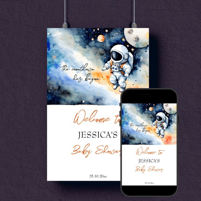 Outer space astronaut baby shower welcome sign (Outer space astronaut baby shower editable template welcome sign poster digital download watercolor)