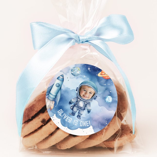 Outer Space Astronaut birthday party photo Classic Round Sticker (Creator Uploaded)