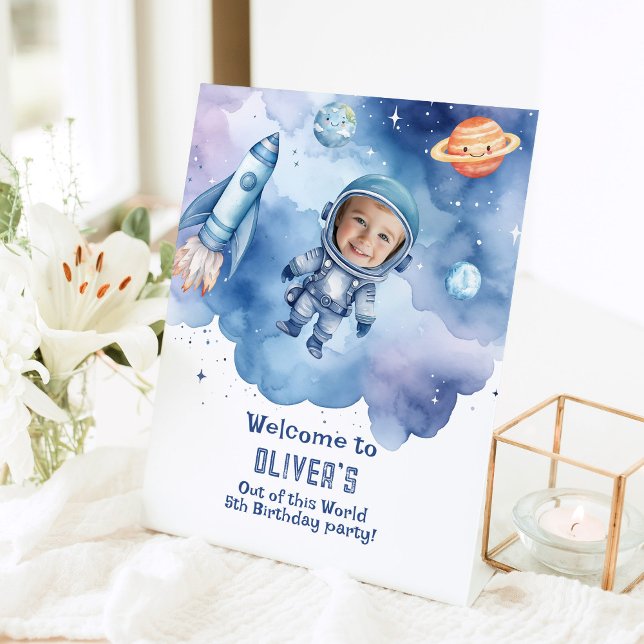 Outer Space Astronaut birthday photo welcome Pedestal Sign (Creator Uploaded)