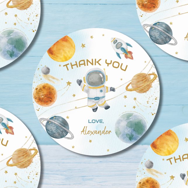 Outer Space Astronaut Birthday Thank You Classic Round Sticker (Creator Uploaded)