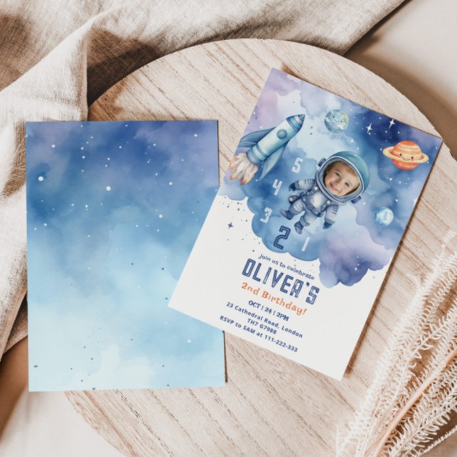Outer Space Astronaut countdown 2nd birthday Photo Invitation (Creator Uploaded)
