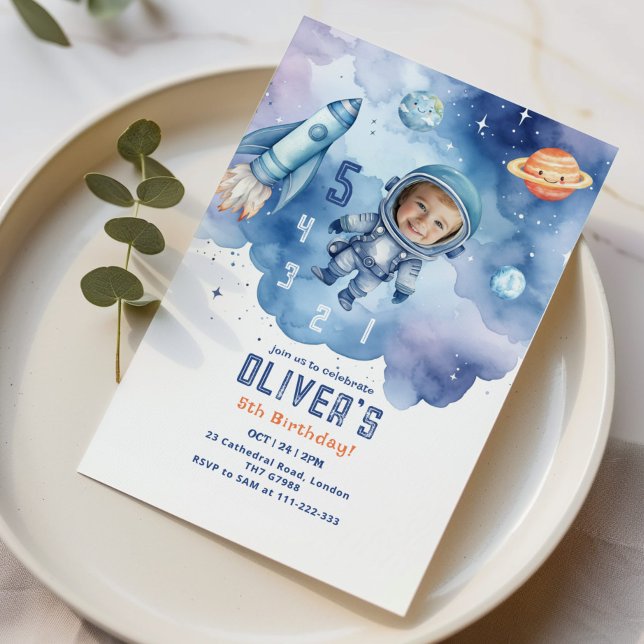 Outer Space Astronaut countdown 5th birthday Photo Invitation (Creator Uploaded)
