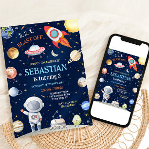 Outer Space Astronaut Galaxy Rocket Ship Birthday Invitation