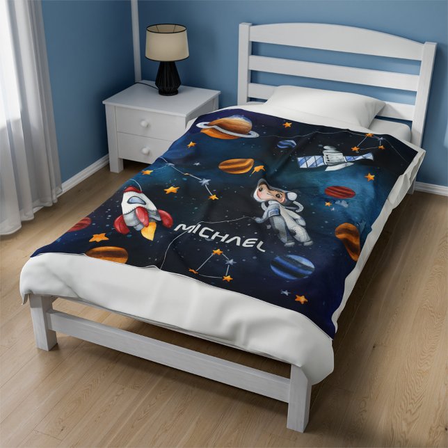 Outer Space Astronaut Moon Stars Personalised Fleece Blanket (Outer Space Astronaut Boy Personalized Sherpa Blanket)