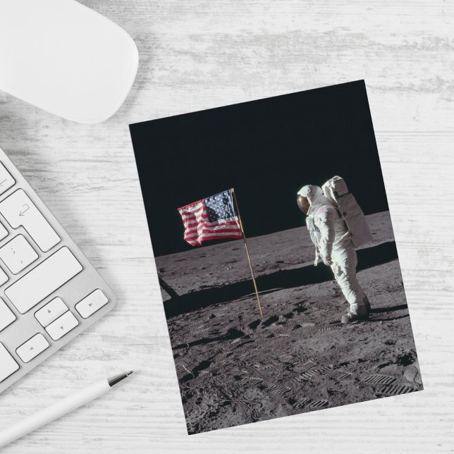 Outer Space, Astronaut on Moon & American Flag,Fun Holiday Postcard (Creator Uploaded)